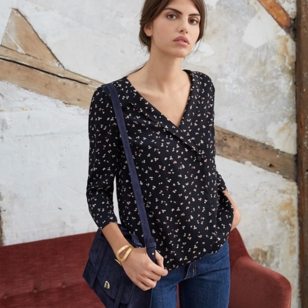 Sezane Alyssa Daisy Print Faux Wrap Top Sz 36